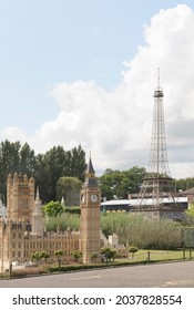 Brussels, Brussels-Capital Region, Belgium 20-08-2021. Miniatures at the park Mini-Europe. Big Ben and the Eiffel Tower