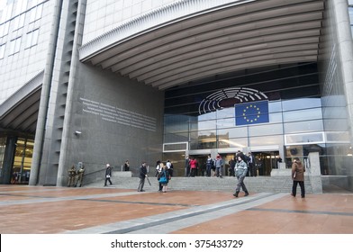 BRUSSELS (BRUXELLES), BELGIUM. January 27, 2016. The European Parliament Main Building In Brussels, Protected By Guards Because Of Terror Attacks Threat. The EU Parliament Stock Photo. 