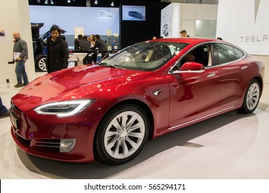 BRUSSELS - JAN 19, 2017: Tesla Model S electric car on display at the Motor Show Brussels.