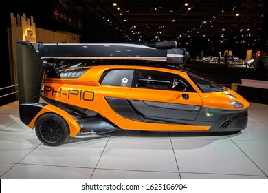 BRUSSELS - JAN 9, 2020: PAL-V Liberty flying car showcased at the Brussels Autosalon 2020 Motor Show.