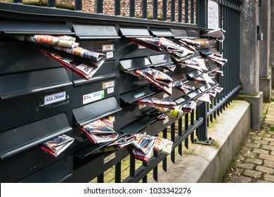 BRUSSELS - JANUARY 12, 2018 - The Row Of Stuffed Mail Boxes On The Street In Brussels.