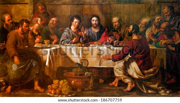 BRUSSELS - JUNE 21: Paint of Last supper of Christ in st. Nicholas church from 17. cent.