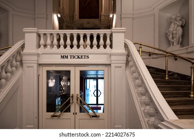 Brussels Old Town, Brussels Capital Region, Belgium - 10 14 2022 - White Staircase And Entrance Of The Ticket Office Of The Monnaie Opera House