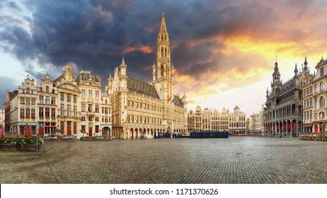 Brussels - panorama of Grand place at sunrise, Belgium