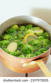 Brussels Sprouts In A Pot With Boiling Water, Close Up.
