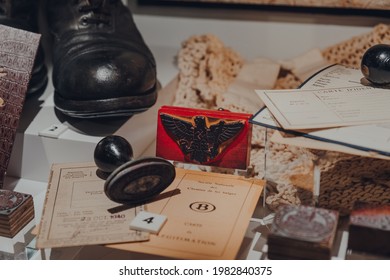 Brussels,Belgium - August 17,2019: German War Memorabilia In The War, Occupation, Liberation New Permanent Collection Of The Royal Museum Of The Armed Forces And Military History In Brussels