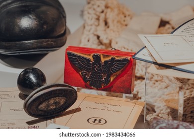 Brussels,Belgium - August 17,2019: German War Memorabilia In The War, Occupation, Liberation New Permanent Collection Of The Royal Museum Of The Armed Forces And Military History In Brussels