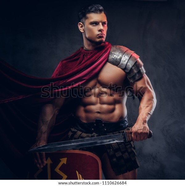 Brutal ancient Greece warrior with a muscular\
body in battle uniforms