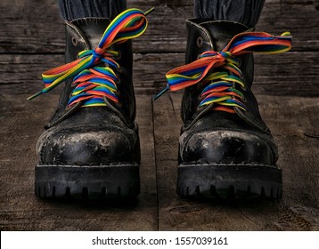 Brutal Black Boots With Rainbow Colored Laces