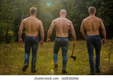 Brutal Macho Style. Strong Men Nature Background. Inspiring Training Harder. Group Muscular Men With Axe. Athletic Man Use Ax. Wild Masculinity. Strength And Perseverance. Men With Muscular Torso.