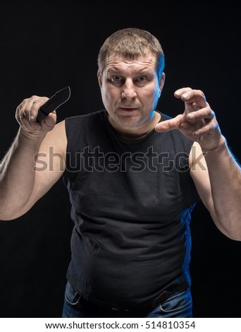 Similar – Image, Stock Photo Close up front portrait of one young middle age athletic woman in sportswear in gym over dark background, standing in boxing stance with hands and fists, looking at camera