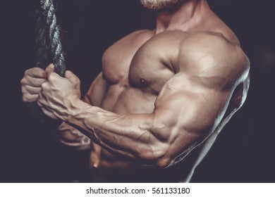 Brutal Muscular Man With Beard Train In The Gym Unshaven Fitness Model Healthcare Lifestyle With Topless Body Strong Abs