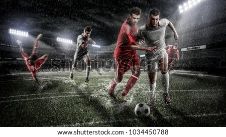 Brutal Soccer action on rainy 3d sport arena. mature players with ball