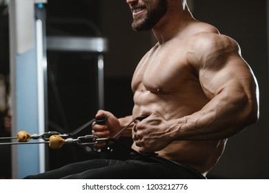 Brutal Strong Athletic Men Pumping Up Muscles Workout Bodybuilding Concept Background - Muscular Bodybuilder Handsome Men Doing Exercises In Gym Naked Torso