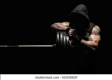 Brutal Strong Athletic Men Pumping Up Muscles Workout Bodybuilding Concept Background - Muscular Bodybuilder Handsome Men Doing Exercises In Gym