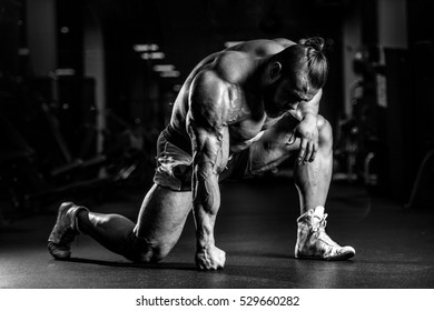 Brutal strong bodybuilder athletic man pumping up muscles workout bodybuilding concept background - muscular bodybuilder handsome men doing exercises in gym naked torso