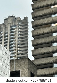 Brutalist architecture. A mix of residential and commercial buildings highlights urban density and mid-century architectural style. Perfect for design, architecture, and urbanism themes.