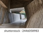 Brutalist architecture in Spain. Empuries ruins geometric passage entrance. 
