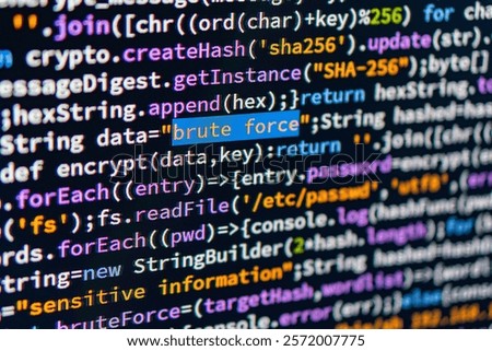 Brute force. a vibrant code cascade on a black background, highlighted with the phrase brute force The context suggests Python script dealing with cryptography SHA-256 and includes a blurred h