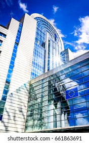 BRUXELLES, BELGIUM - 13 AUGUST 2014: View Of The European Parliament Building In Brussels, Bruxelles, Belgium. The European Parliament Is The Elected Parliamentary Institution Of The European Union.