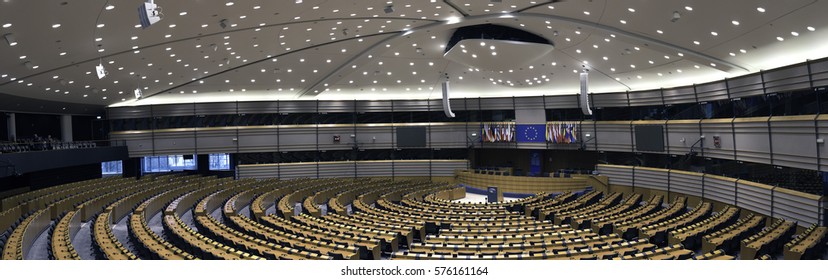 Bruxelles, Belgium - February 5, 2017: Empty European Parliament Assembly Room. European Parliament (EP) Is The Directly Elected Parliamentary Institution Of The European Union.  