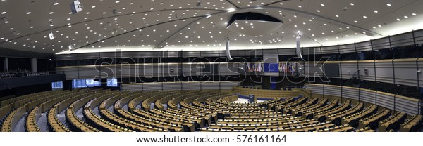 Bruxelles, Belgium - February 5, 2017: empty European
Parliament Assembly Room. European Parliament (EP) is the directly
elected parliamentary institution of the European Union. 
