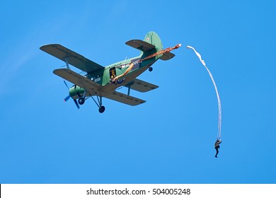 BRYANSK/RUSSIA - JULY 16, 2016: Parachutists Jump Out Of A Plane AN-2 With Military Parachutes D 1-5