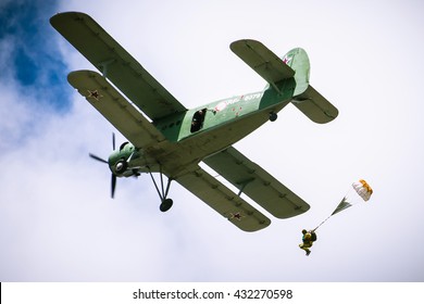 BRYANSK/RUSSIA - JUNE 29, 2014: Parachutist Jump Out Of A Plane AN-2 With Military Parachute D-6