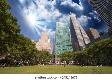 Bryant Park, New York City. Garden And Trees On A Beautiful Summer Day.