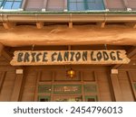 Bryce Canyon Lodge in Bryce Canyon National Park, Utah. Historic structure along the historic "Grand Circle Tour." Rustic sign.