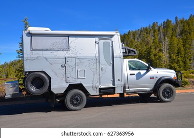 Bryce Canyon, Utah - April 22: RV Truck At Bryce Canyon National Park, Utah On April 22, 2017. Silver Unique RV Truck With World Map Print 