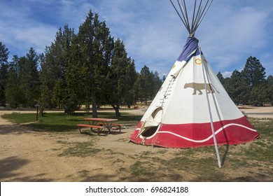 BRYCE, UTAH, UNITED STATES - MAY 2, 2017: Native Indian Teepee Tent Camping On Doorstep To Bryce Canyon National Park