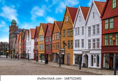 Bryggen, Bergen, Norway. Hanseatic heritage commercial wooden buildings in the city of Bergen.