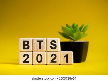 BTS - business financial concept on a yellow background. Wooden cubes and flower in a pot.