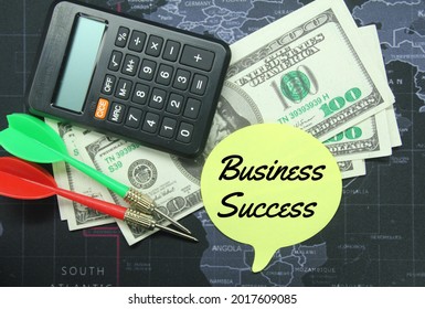 bubble conversation, world map, paper money, arrows with the word business success