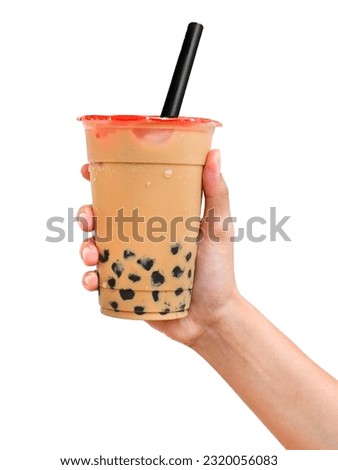 Bubble milk tea with black boba straw on white background