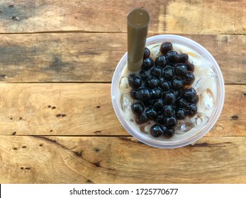 Bubble Milk Tea On The Table Background. Top View.