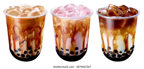 Bubble Milk Tea - A plastic glass of fresh milk with black sugar syrup (Kuromitsu) and hot black pearl (Boba) on White Background, Taiwanese drinking culture