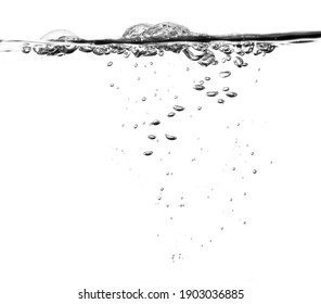Bubble Soda And Black Oxygen Air, In Underwater Clear Liquid With Bubbles Flowing Up On The Water Surface, Isolated On A White Background. With Copy Space