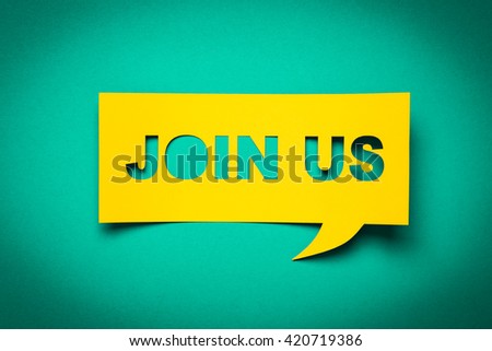 Bubble speech with cut out phrase "join us" in the paper.