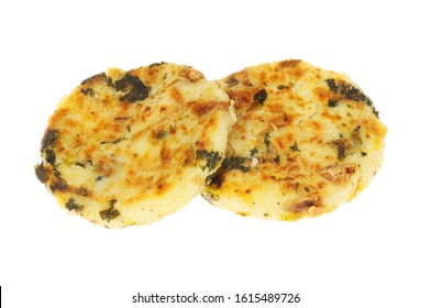 Bubble and squeak potato cakes isolated against white