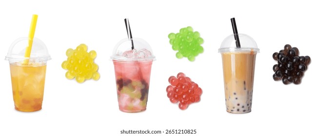 Bubble tea of different flavors and tapioca pearls on white background, set
