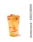 Bubble Tea, Isolated on White Background – Colorful, Fresh Orange Boba Drink with Fruit Fizzy Jellies and Ice Cubes, Wet with Droplets