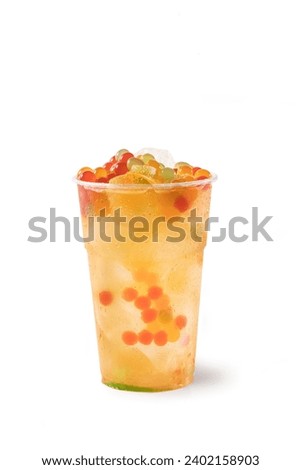 Bubble Tea, Isolated on White Background – Colorful, Fresh Orange Boba Drink with Fruit Fizzy Jellies and Ice Cubes, Wet with Droplets