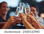 Bubbles, hands and toast with friends outdoor for celebration or social gathering together. Alcohol glass, champagne and cheers with group of people in backyard for milestone or new years for fun