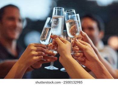 Bubbles, hands and toast with friends outdoor for celebration or social gathering together. Alcohol glass, champagne and cheers with group of people in backyard for milestone or new years for fun