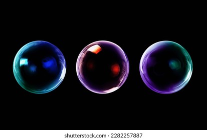BUBBLES ISOLATED ON BLACK BACKGROUND, GLOWING WATER AIR SPHERES BACKDROP WITH LIGHT REFLECTIONS