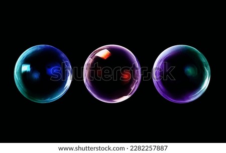 BUBBLES ISOLATED ON BLACK BACKGROUND, GLOWING WATER AIR SPHERES BACKDROP WITH LIGHT REFLECTIONS