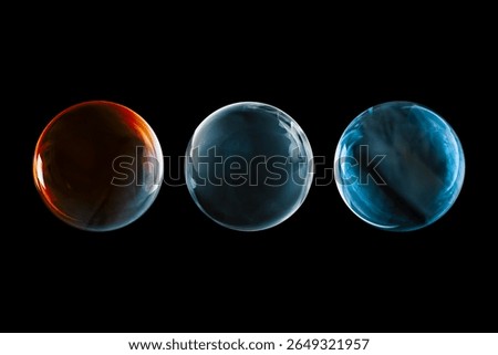 BUBBLES ISOLATED ON BLACK BACKGROUND, LIGHT GLOWING SOAPY SPHERES ON DARK, CLEAN WATER BUBBLES BACKDROP