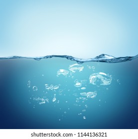 Bubbles Isolated With Waterline 
Blue Background